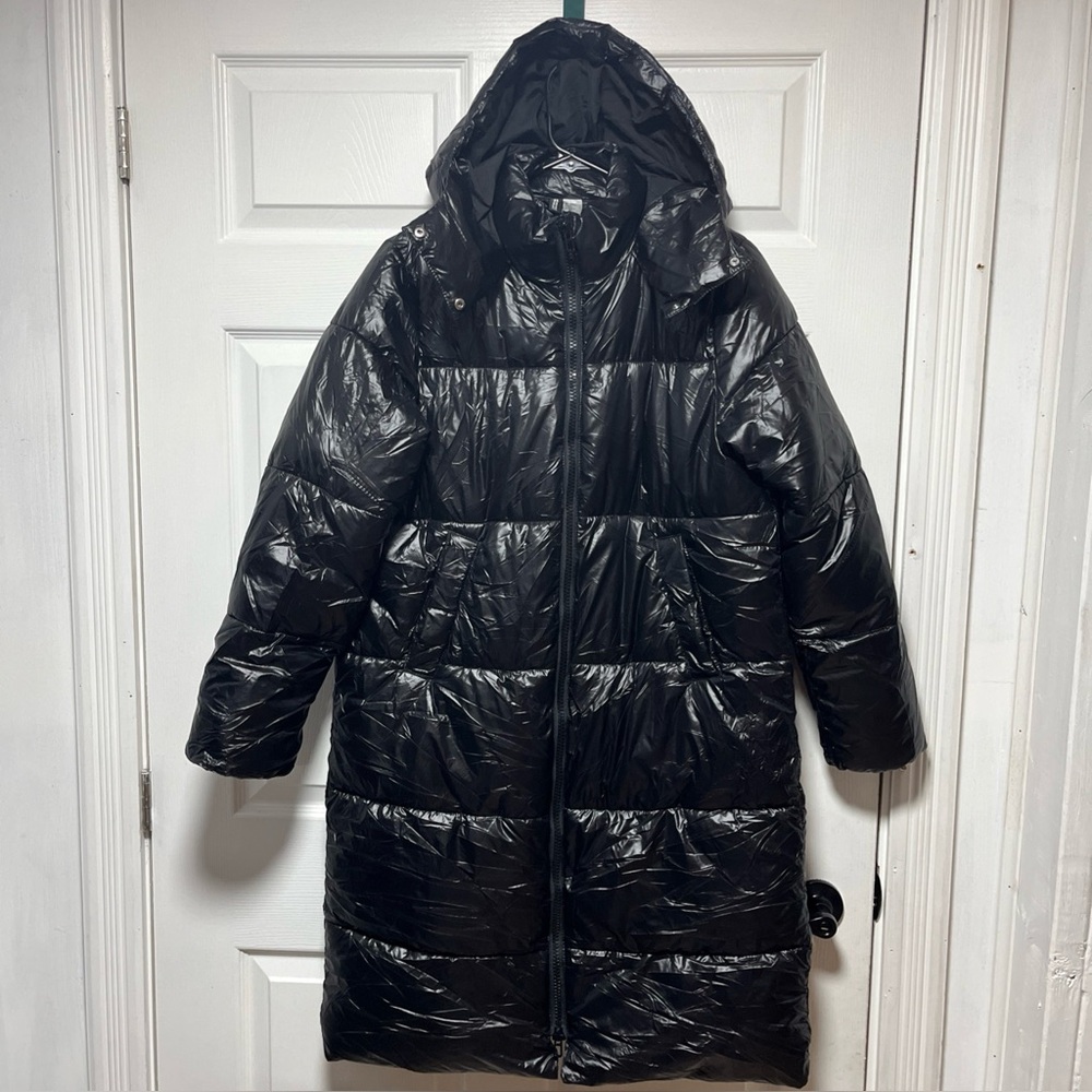Divided By H&M Women’s Long Black Puffer Winter Coat Full Zip Hooded Size XS